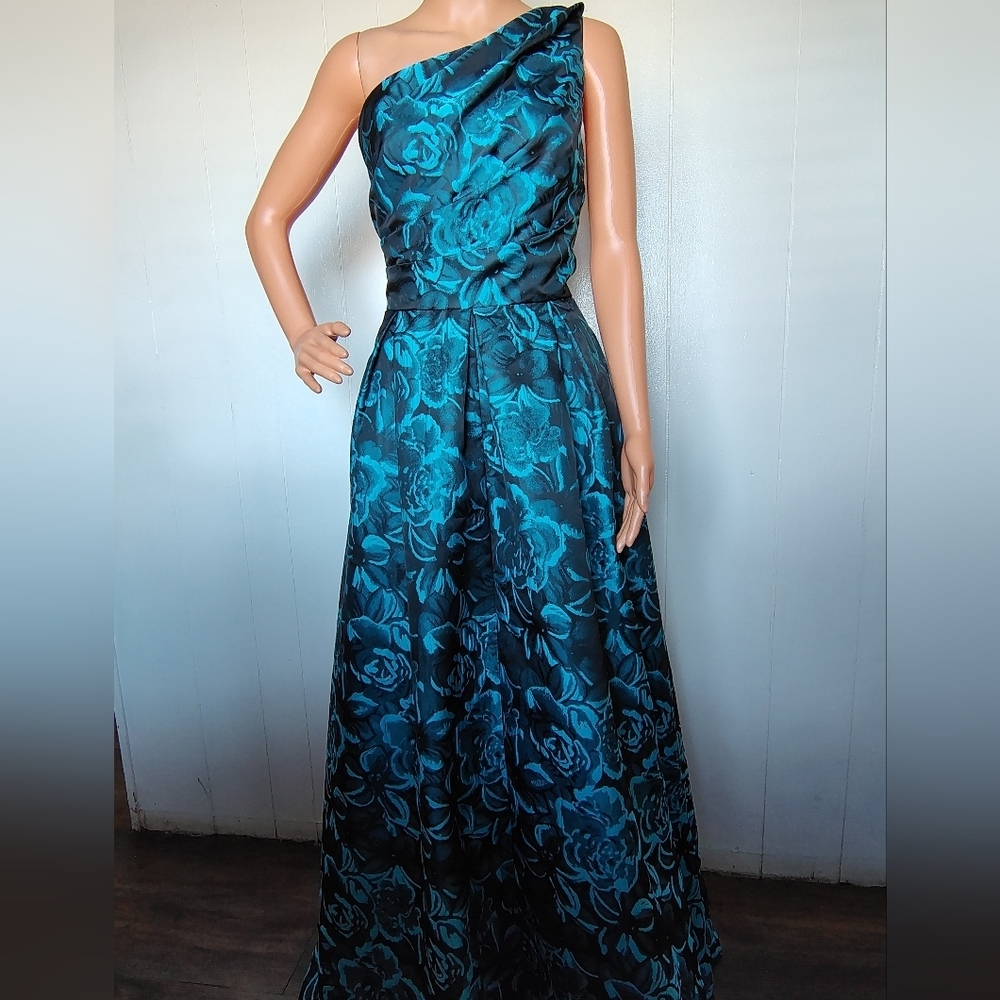 Carmen Marc Valvo Teal Floral One-Shoulder Dress Size 10